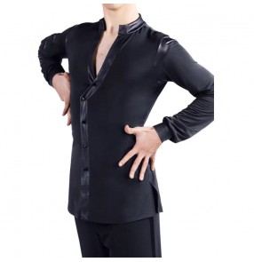 Custom size black men's latin dance shirts modern waltz tango ballroom competition dancing tops for male